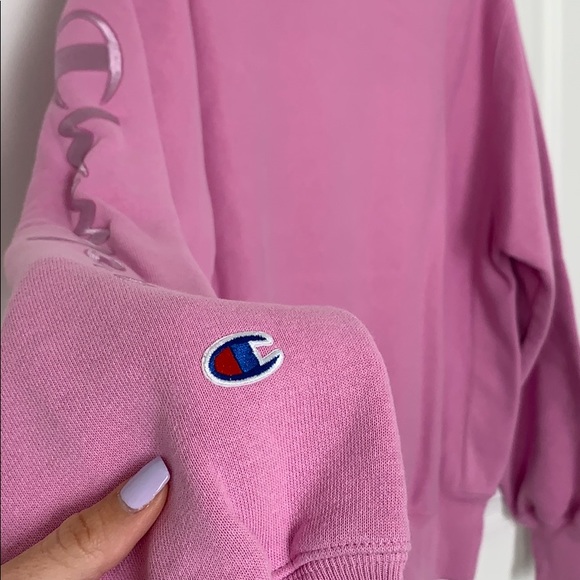 champion hoodie with writing on sleeve